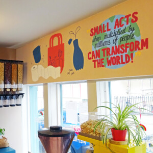 Close-up of a mural for Zero, a zero-waste shop in Leamington Spa Sustainability mural for a zero waste shop