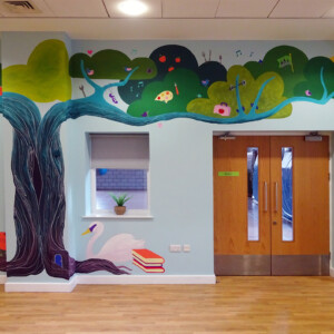 Very large hand-painted tree mural for a community centre in Warwick Large hand-painted tree mural