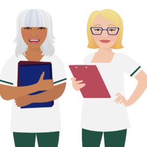 Character illustration of Jo and Yvonne from Enabling Spaces Illustration of two characters dressed in occupational health uniform