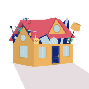 Illustration of a house bursting with belongings for Enabling Spaces Illustration of a home bursting with belongings