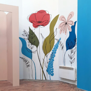 Large flower mural with blocks of colour and strong outlines Large flower and foliage mural