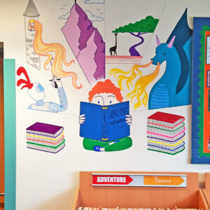 Hand-painted mural for a primary school library Fun and colourful mural for a primary school library