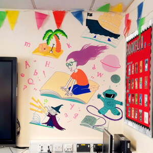 Fun and colourful mural for a primary school in Rugby Hand-painted library mural