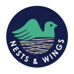 Circular badge-style logo with stylised bird Logo featuring a bird in a nest