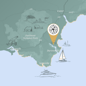 Illustrated map with hand-drawn details for a Devonshire tree nursery Illustrated map of the southern coastline of the UK