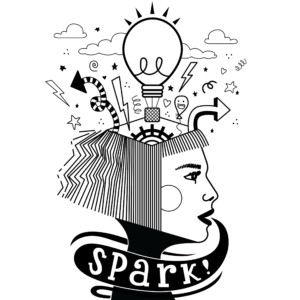 Illustration for the Spark event by Warwick District Council Black and white illustration of a female head bursting with ideas