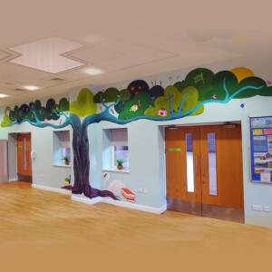 Very large hand-painted tree mural for a community centre in Warwick Large hand-painted tree mural in a community centre