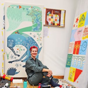 Painting two murals on wooden panels for Warwickshire County Council